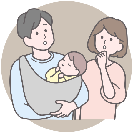 赤ちゃんの頭の形について悩み、不安そうな表情で赤ちゃんを抱っこするママとパパのイラスト